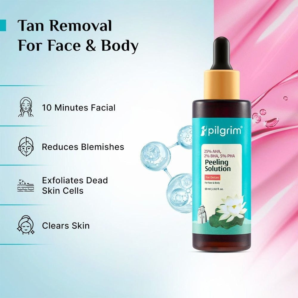 Pilgrim 25% AHA + 2% BHA + 5% PHA Peeling Solution 60ml For Face & Body |10-Minute Facial At Home|Gentle Exfoliating Serum For Tan Removal |For Glowing Skin, Even Skin Tone, Pore Cleansing |Men, Women