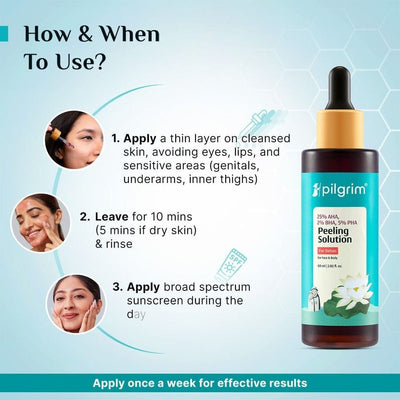 Pilgrim 25% AHA + 2% BHA + 5% PHA Peeling Solution 60ml For Face & Body |10-Minute Facial At Home|Gentle Exfoliating Serum For Tan Removal |For Glowing Skin, Even Skin Tone, Pore Cleansing |Men, Women